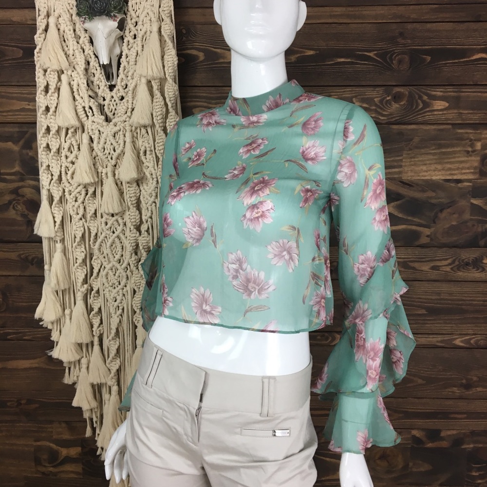 Forever 21 | Sheer Floral Ruffle Bell Sleeve Crop Top Blouse